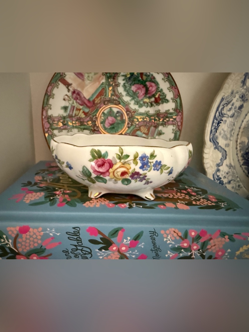 Vintage porcelain footed trinket dish with flowers and gold details